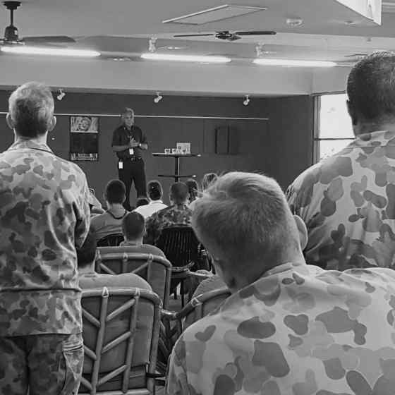 Charlie talks to Army personnel at Robertson Barracks about how family violence links in with mental health on R U Ok? day.