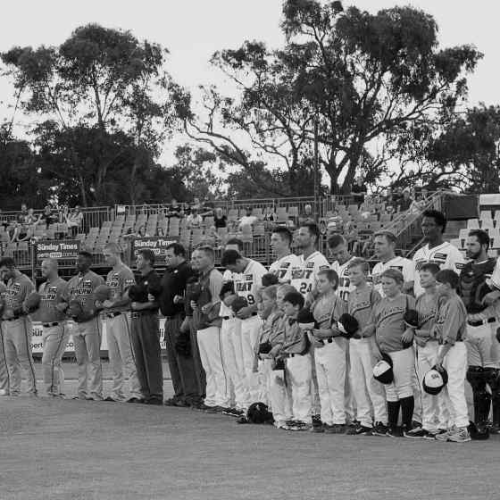 Perth Heat, Canberra Cavalry and umpires link up to say NO MORE to family violence. Photo Credit: Wendy De'Souza
