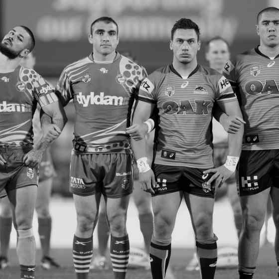 Eels and Panthers linking up in support of the NO MORE campaign during their match at TIO Stadium on 8 August, 2015.