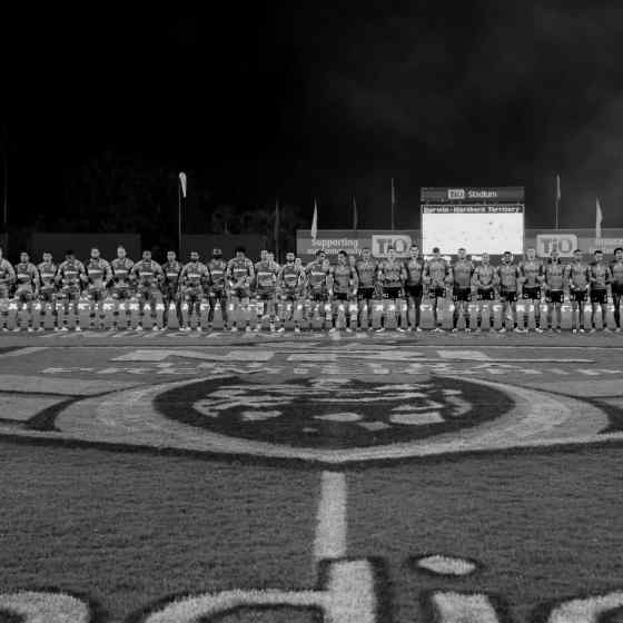 Eels and Panthers linking up in support of the NO MORE campaign during their match at TIO Stadium on 8 August, 2015.